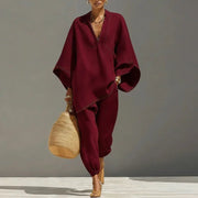 Marlene | Linen Set Damen Fledermaus Top Tapered Hose V-Ausschnitt