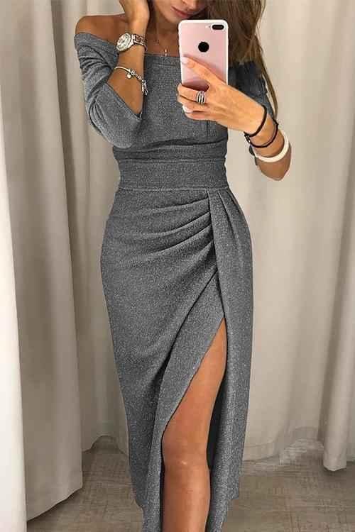 Liv – elegantes off-shoulder midi kleid mit schlitz, glitzerstoff und drapierter taille