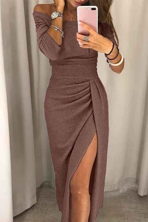 Liv – elegantes off-shoulder midi kleid mit schlitz, glitzerstoff und drapierter taille