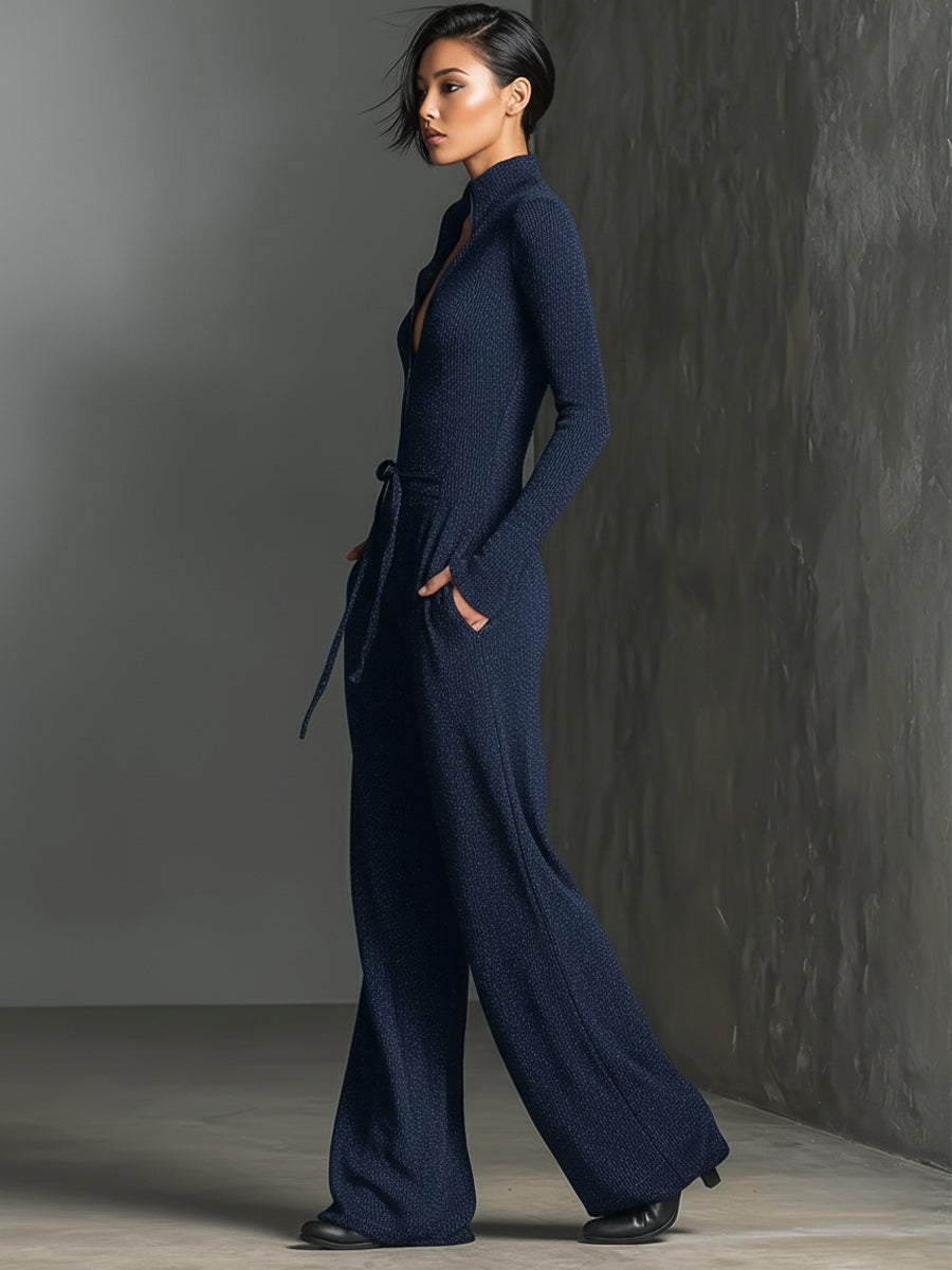 Glitzernder Strick-Jumpsuit mit weitem Bein für Damen | Reißverschluss vorne