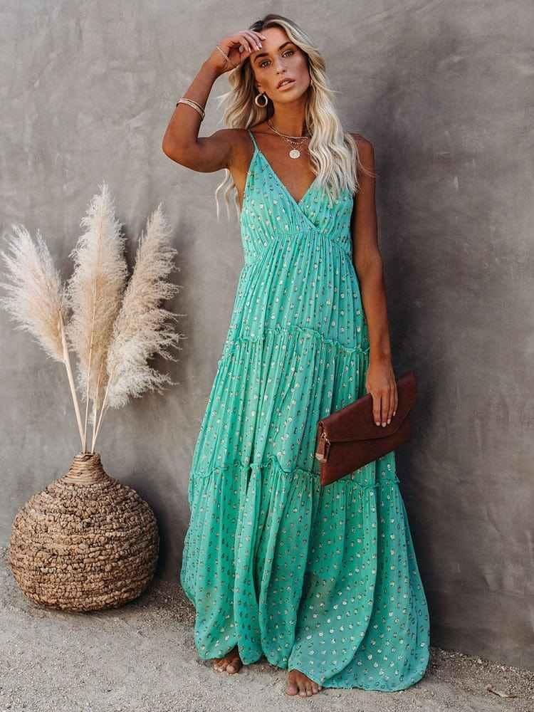 Lyra – Maxikleid mit Blumenmuster, Spaghettiträgern und Stufenrock
