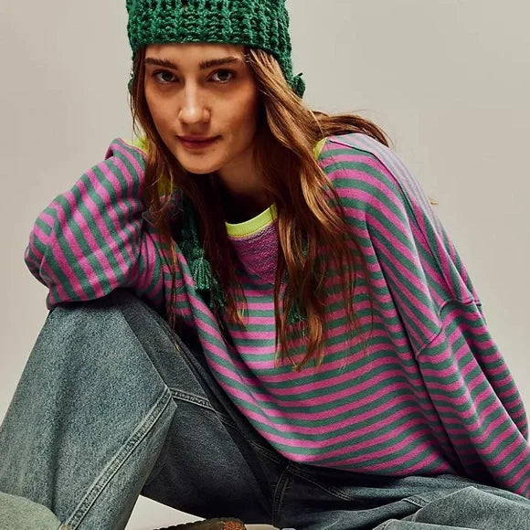 Helen Gestreifter Oversize Pullover mit Küstenflair | Grün / Rosa