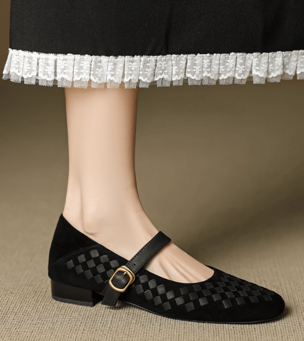 Mary Jane Ballerinas Damen geflochten mit Riemen