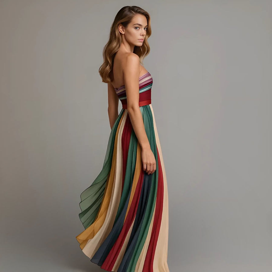 Marlene | Maxi Kleid Chiffon Trägerlos Farbblock Plissiert Abendkleid