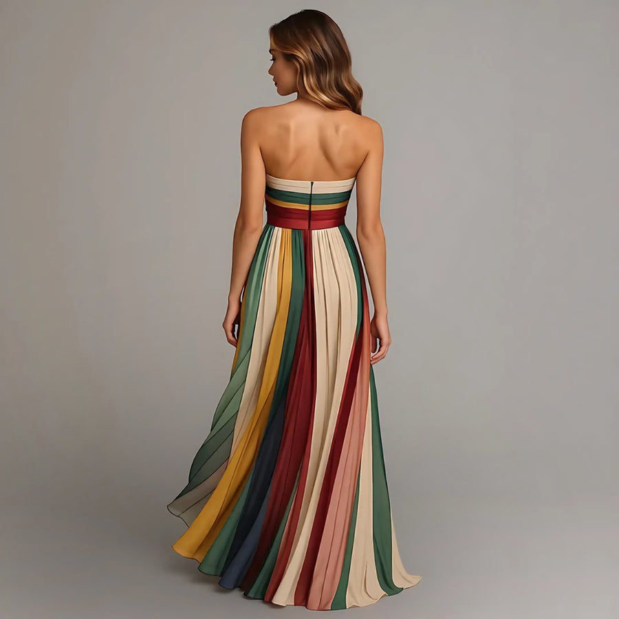 Marlene | Maxi Kleid Chiffon Trägerlos Farbblock Plissiert Abendkleid