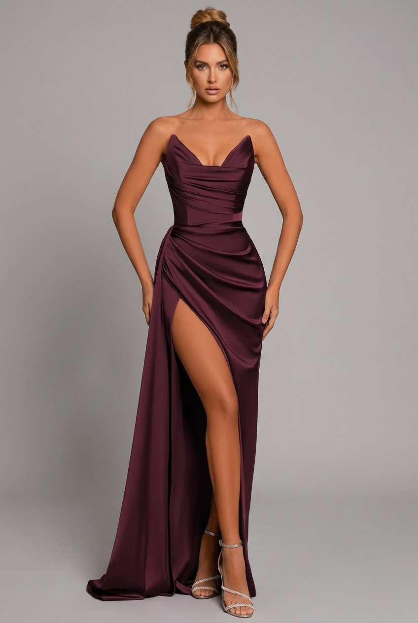 Mia | Maxi Kleid Herzausschnitt Raffung Schlitz
