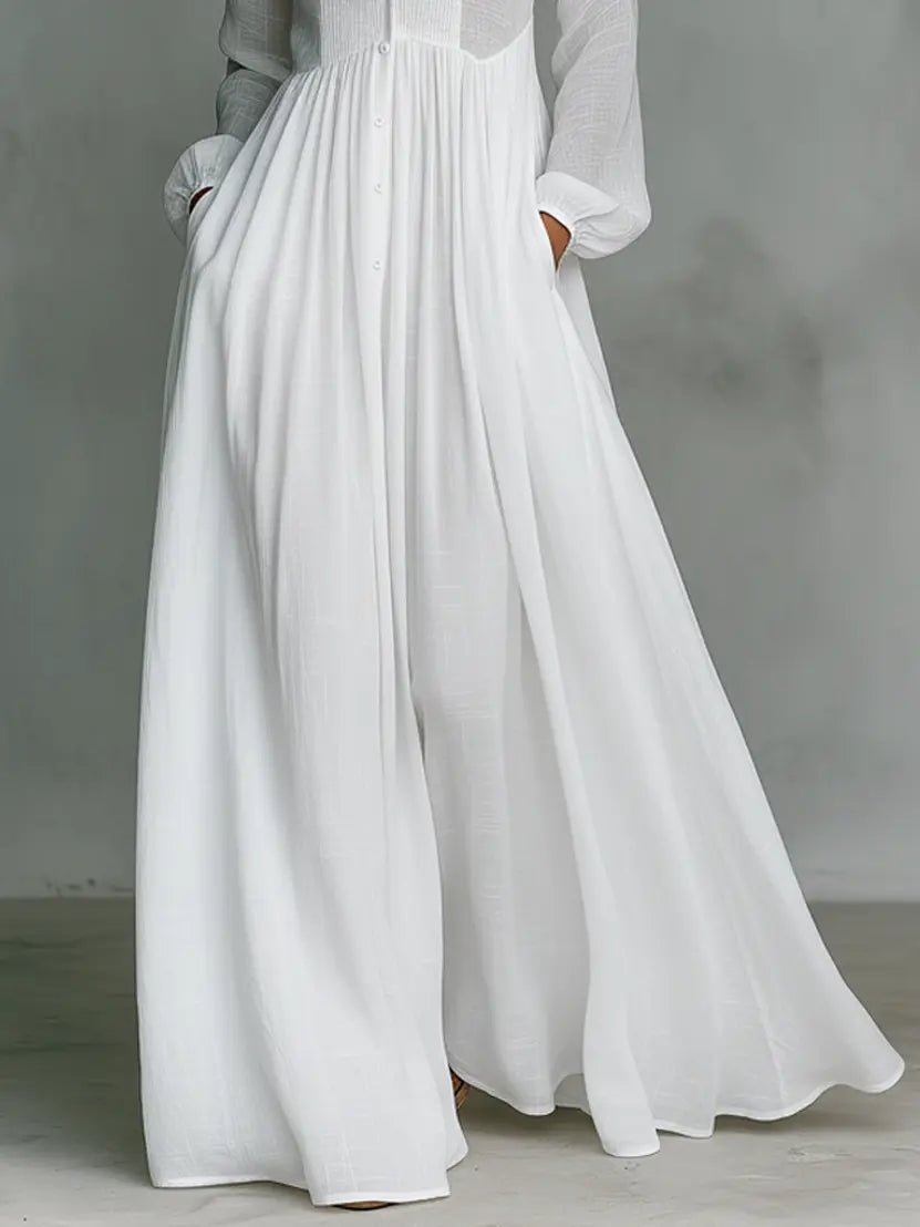 Leonie | Maxi Kleid Patchwork Leinen Stehkragen Knopfverschluss