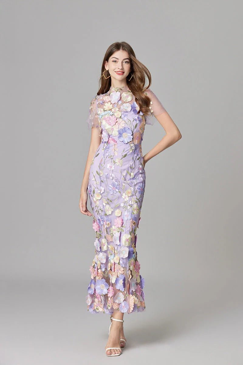 Elfriede | Maxi-Kleid ärmellos mit 3D-Blumen-Applikationen