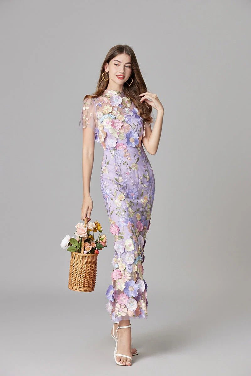 Elfriede | Maxi-Kleid ärmellos mit 3D-Blumen-Applikationen
