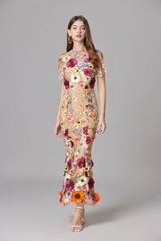 Elfriede | Maxi-Kleid ärmellos mit 3D-Blumen-Applikationen