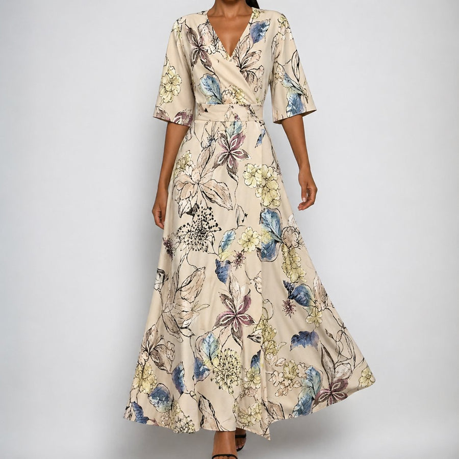 Nora | Maxi Wickelkleid V-Ausschnitt Blumenmuster Gürtel