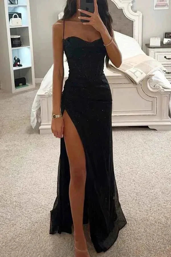 melina – glitzerndes abendkleid mit corsage & beinschlitz