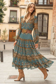 Greta | Midi Kleid Chiffon Boho Medallion Print Puffärmel