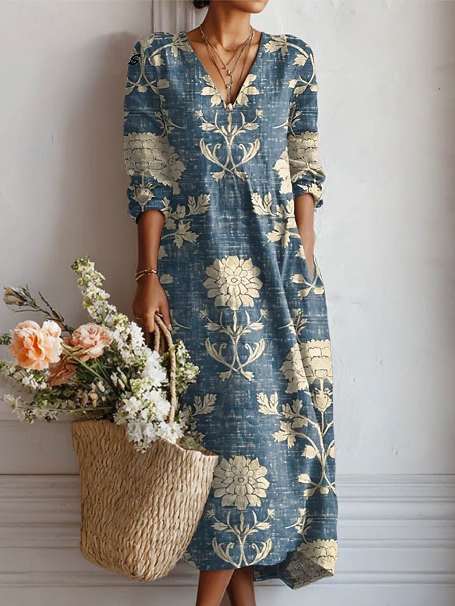 Clara | Midi Kleid Leinen Boho V-Ausschnitt Taschen Langarm