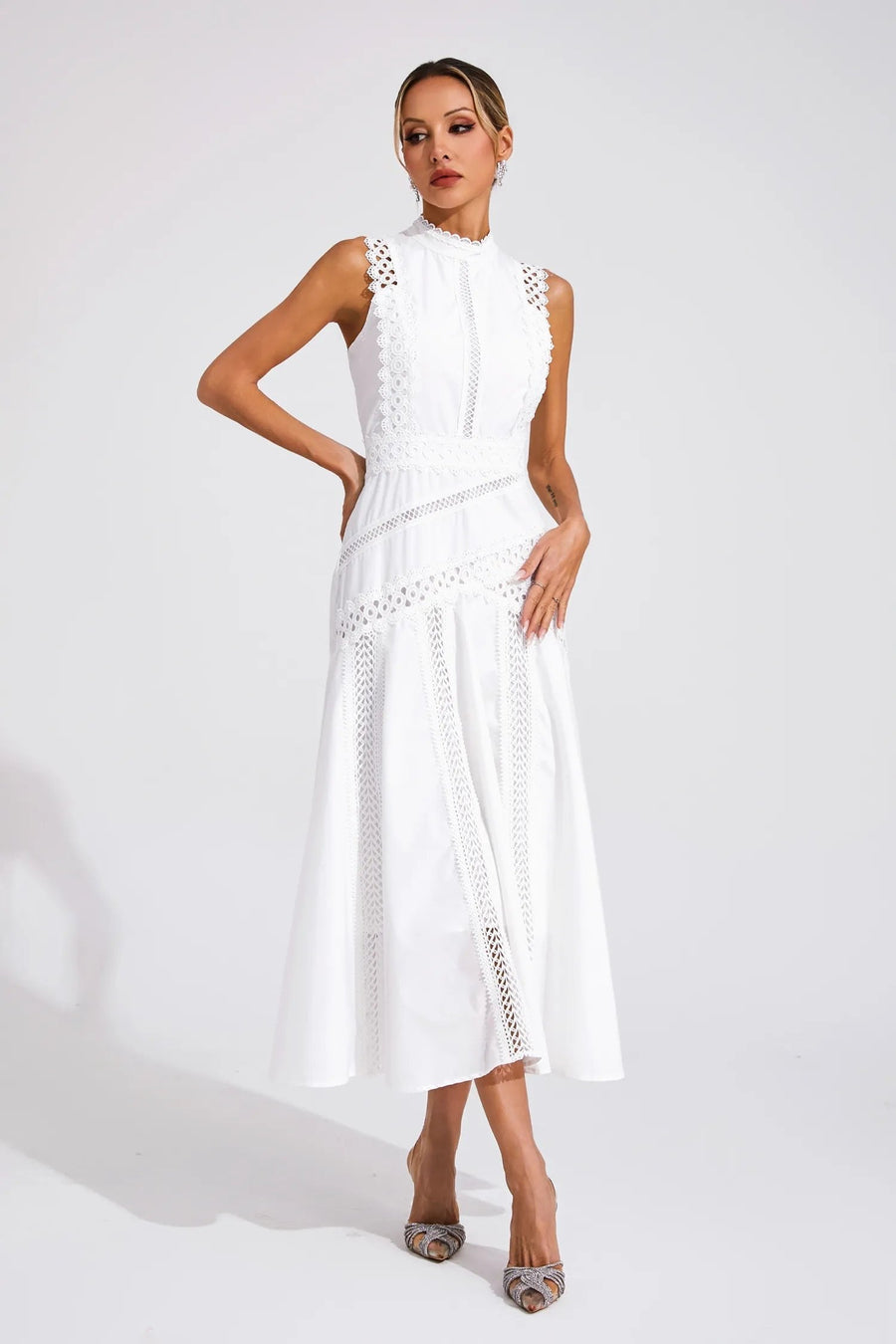 Marlene | Midi Kleid Ärmellos Spitze Hochzeitsgast Elegant