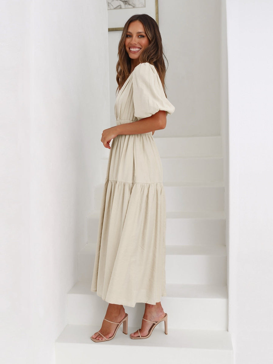 Sophie | Midi Kleid V-Ausschnitt Puffärmel Tailliert