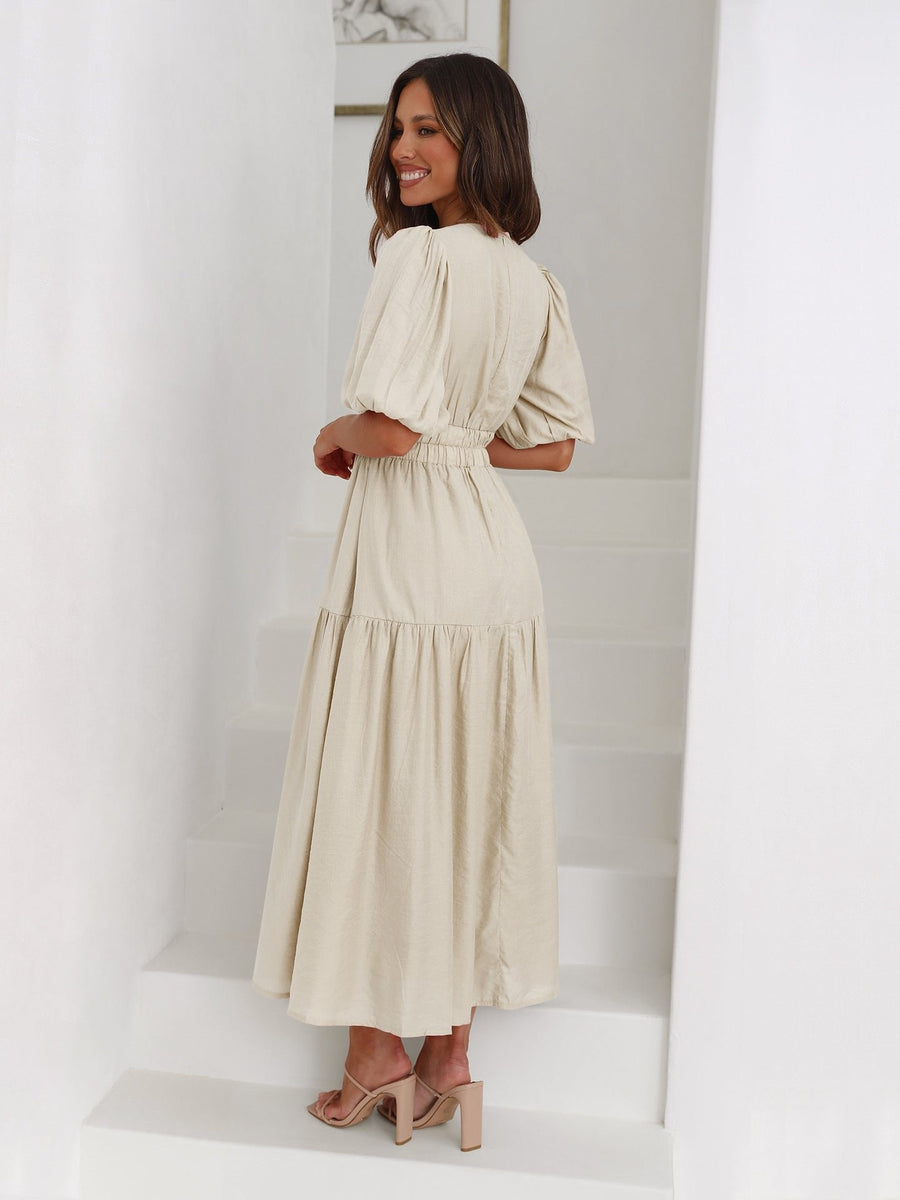 Sophie | Midi Kleid V-Ausschnitt Puffärmel Tailliert