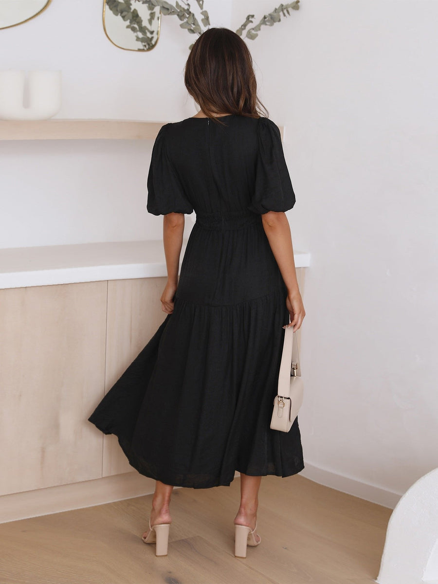 Sophie | Midi Kleid V-Ausschnitt Puffärmel Tailliert