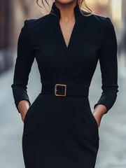 Natalia | Damen Schwarzes Midikleid mit Gürtel – Elegantes Business Kleid Büro 2026