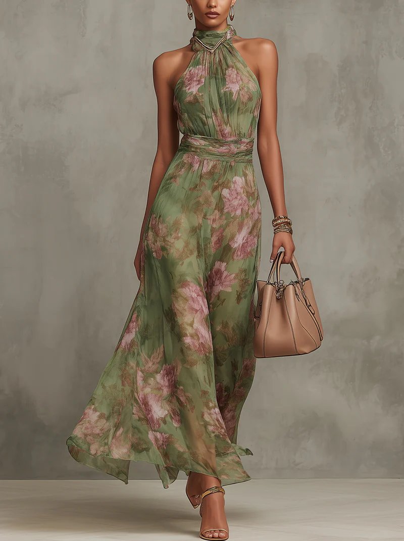 Leonie | Neckholder Maxikleid Blumenmuster Tailliert Sommerkleid