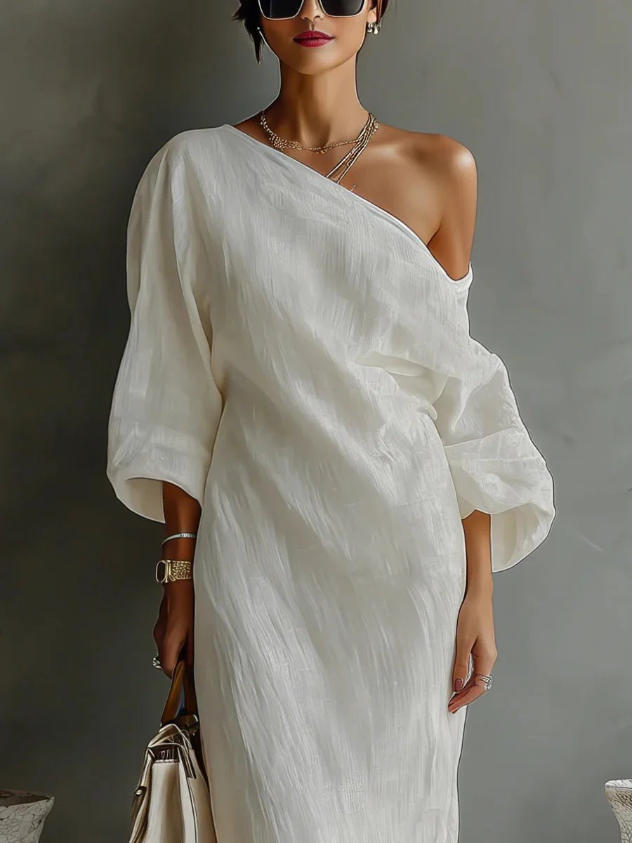 Greta | One-Shoulder Leinenkleid Asymmetrisch Locker Damen Maxikleid