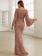 Pailletten Abendkleid Maxi mit V-Ausschnitt