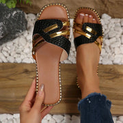 Pantoletten Damen flach mit Riemen und Nieten