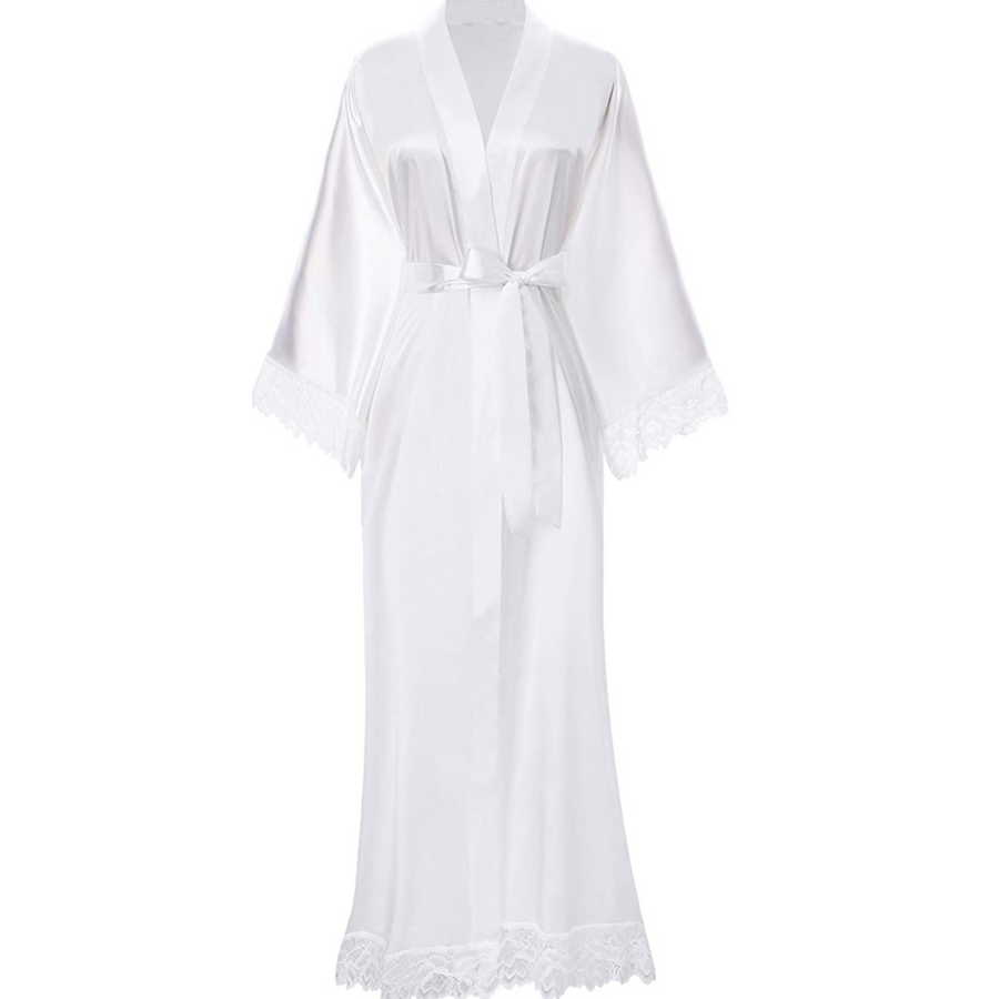 Heidi-Mode | Lange Bademantel aus Satin mit Spitzen Details
