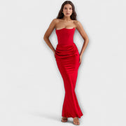 Maxi-Kleid aus Satin ohne Träger mit Drapierung