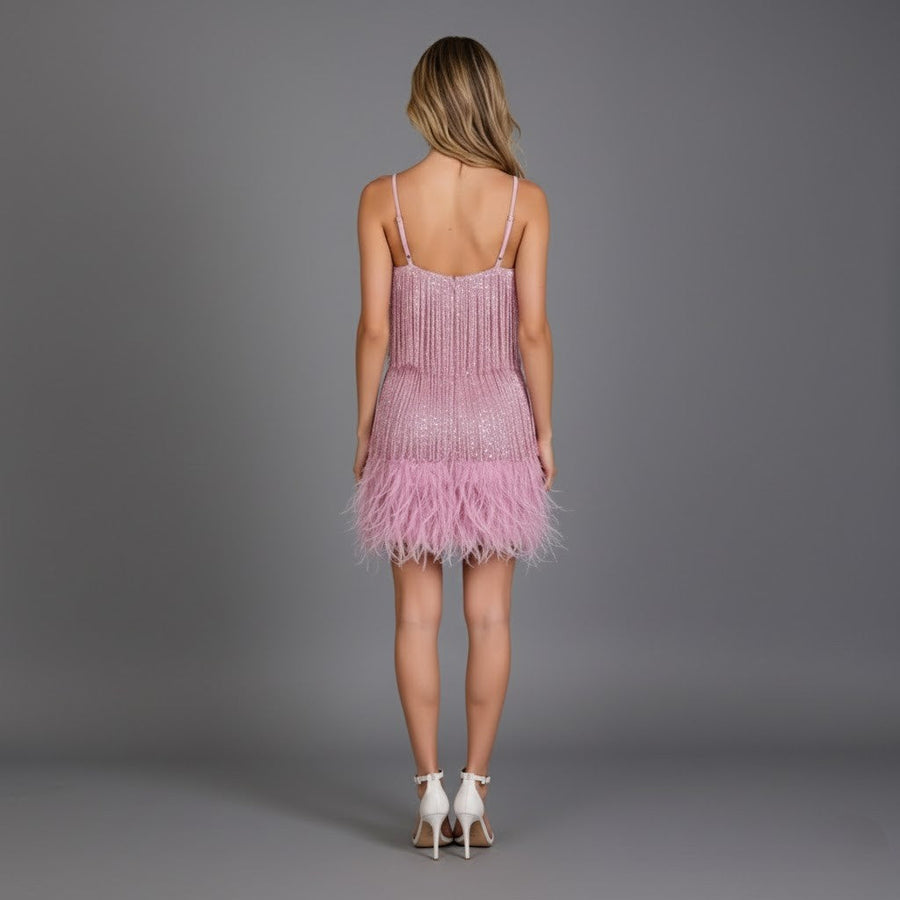 Sandra | Damen Mini Partykleid Mit Fransen Und Federn