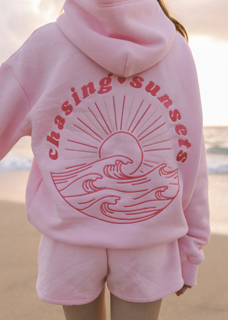 Damen Hoodie mit Strandmotiv – Bequemer Kapuzenpullover in Rosa oder Blau mit Sonnenuntergangs-Print