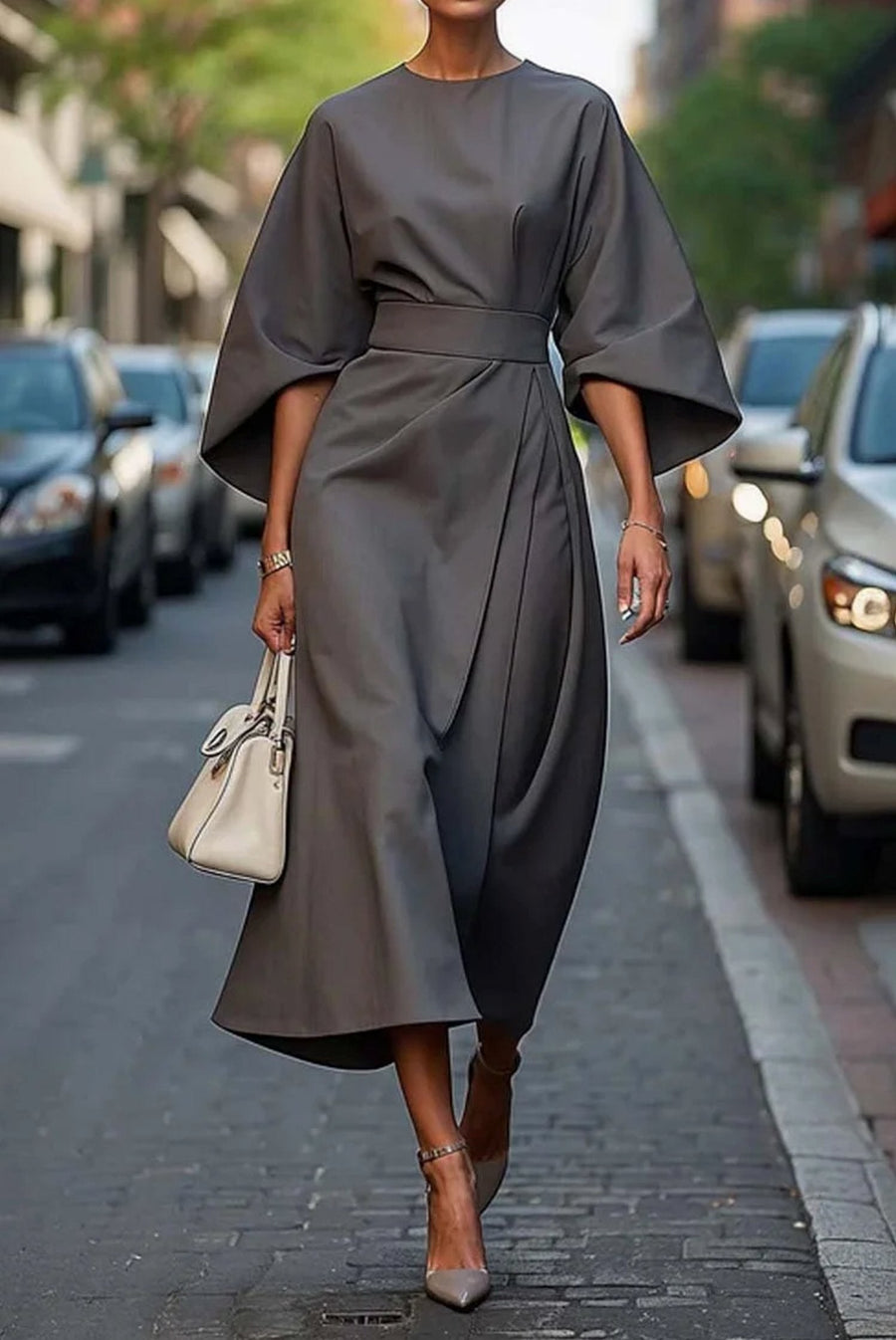 Marlene | Plus Size Kleid Laterne Ärmel Midi Elegant Schwarz