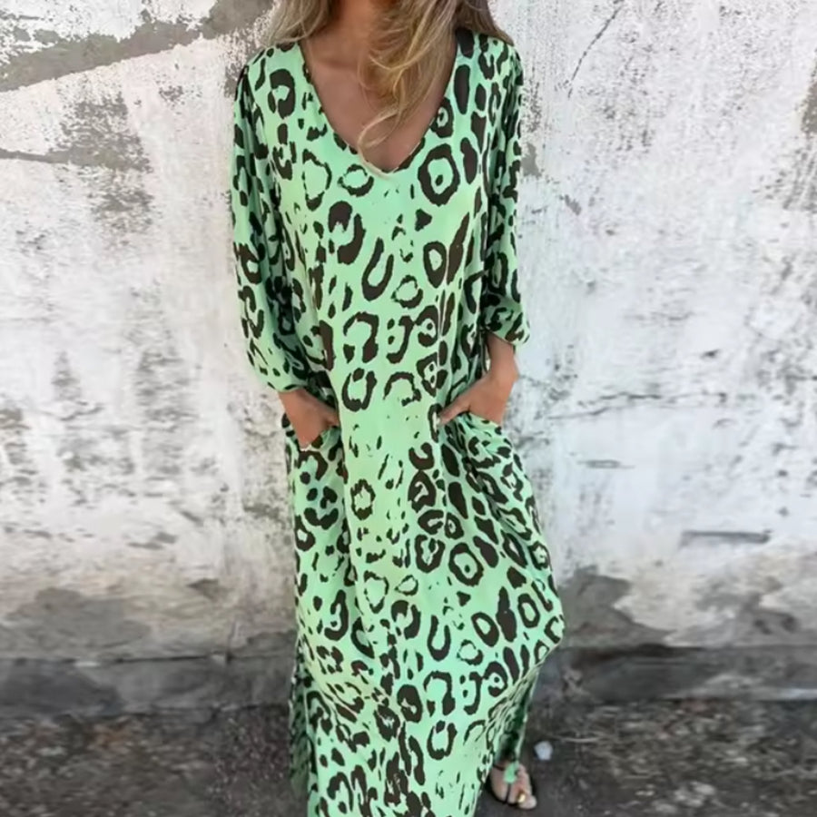 Luisa | Plus Size Kleid Leopard Print V-Ausschnitt Langarm