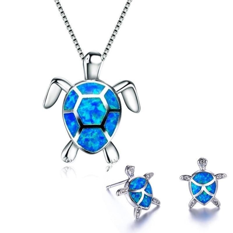 Set aus Kette und Ohrringen mit Meeresschildkröten aus Opal