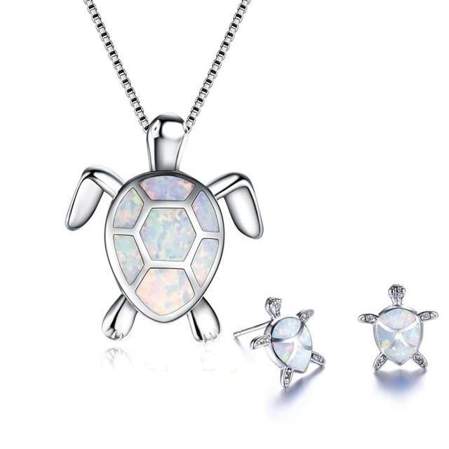 Set aus Kette und Ohrringen mit Meeresschildkröten aus Opal