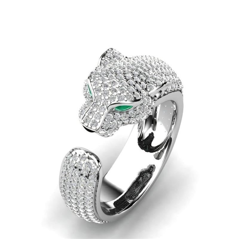 Verstellbarer Jaguar-Ring aus 18 Karat Silber und Roségold mit grünen Zirkonia-Augen