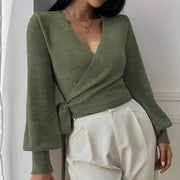 Damen Wickelpullover mit Bindegürtel – Übergangsjacke