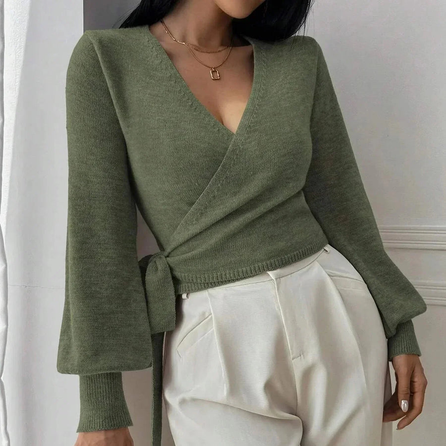 Damen Wickelpullover mit Bindegürtel – Übergangsjacke