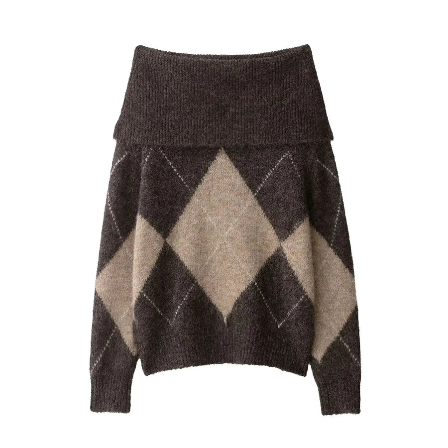Strickpullover Damen Off Shoulder mit Argyle-Muster