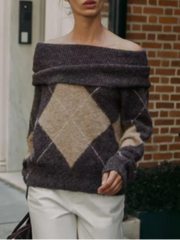 Strickpullover Damen Off Shoulder mit Argyle-Muster
