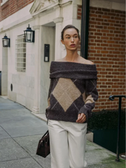 Strickpullover Damen Off Shoulder mit Argyle-Muster