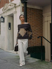Strickpullover Damen Off Shoulder mit Argyle-Muster
