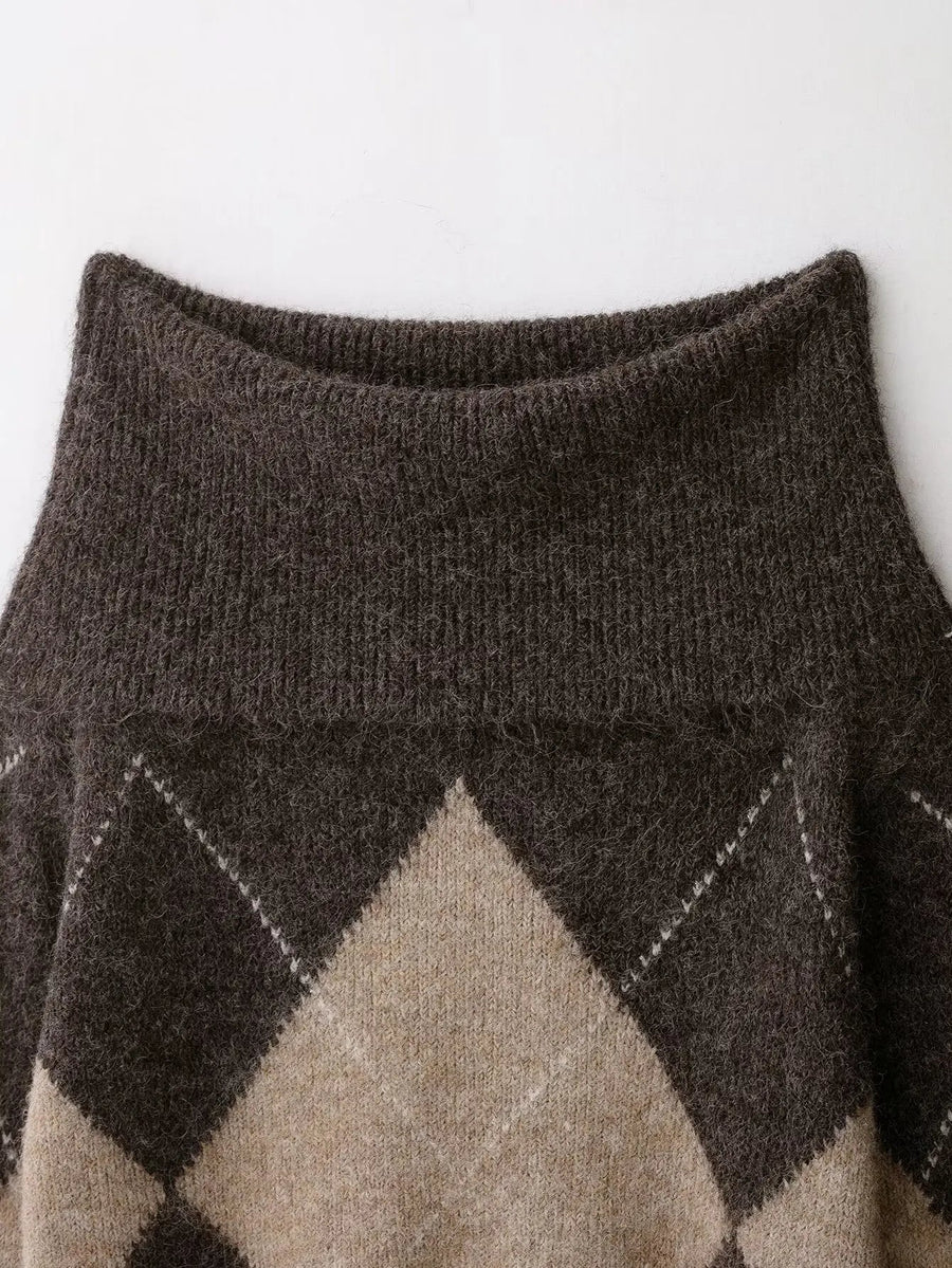 Strickpullover Damen Off Shoulder mit Argyle-Muster