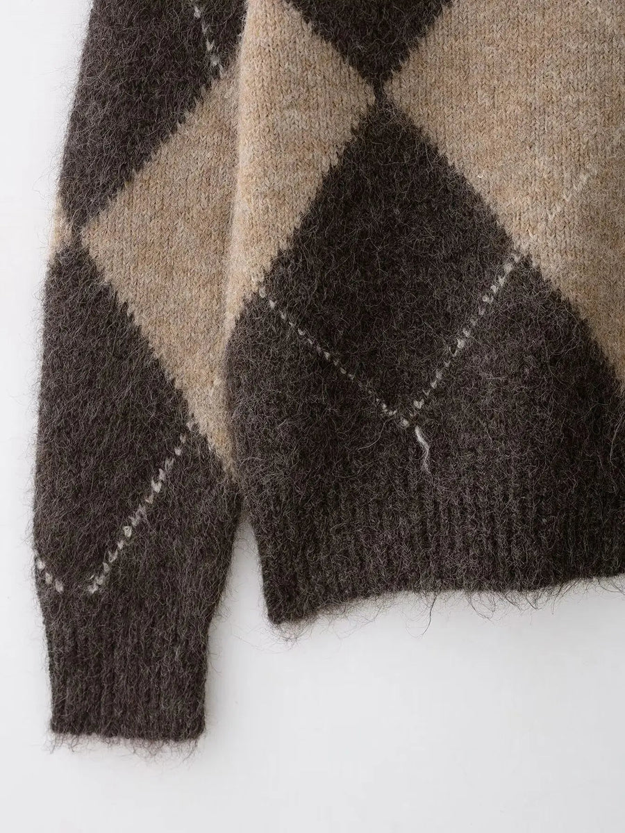 Strickpullover Damen Off Shoulder mit Argyle-Muster