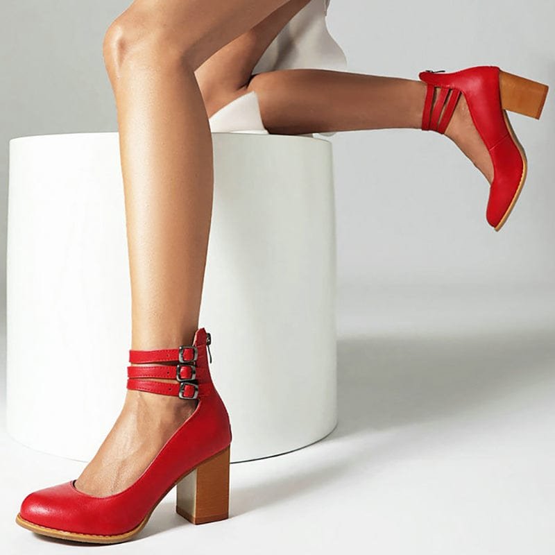 Leonie | Pumps Dreifach Schnallen Blockabsatz Leder Optik