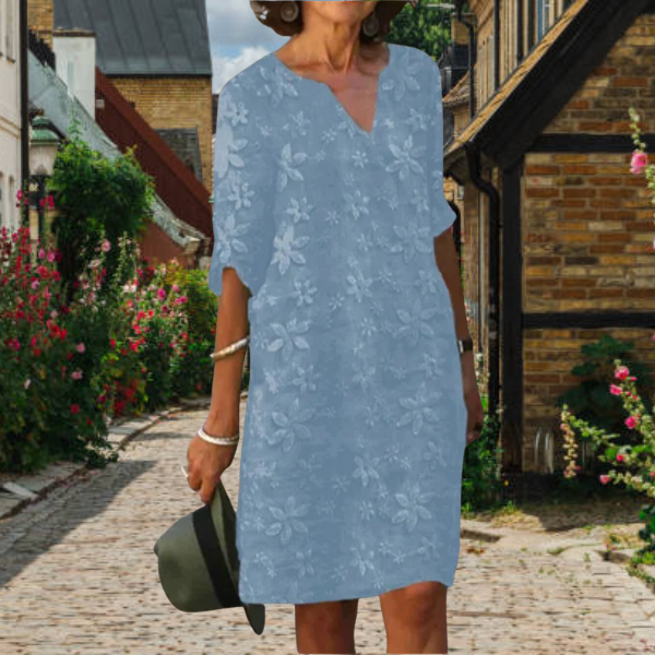 Damen-Midikleid mit V-Ausschnitt und Blumenstickerei