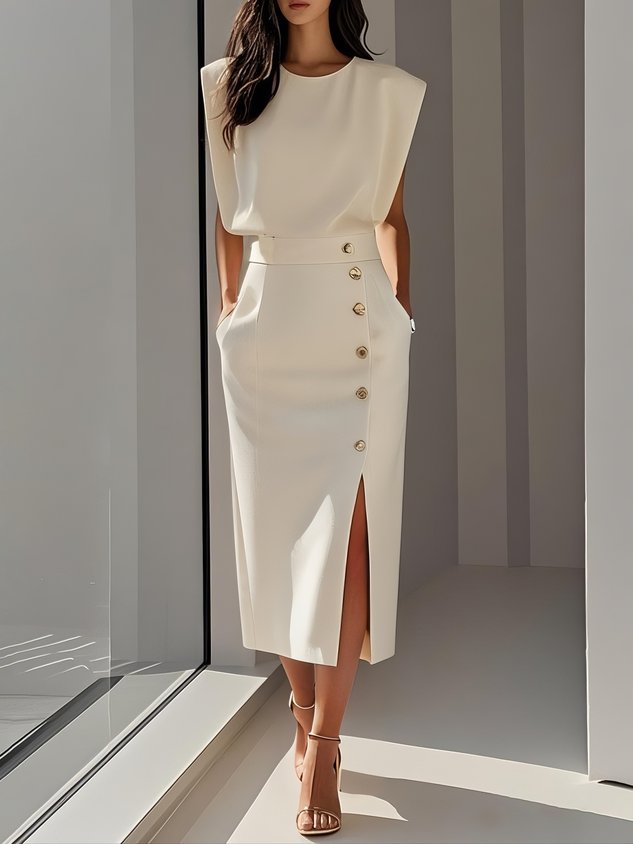 Elisabeth | Ärmelloses Midi Kleid mit Knopfleiste