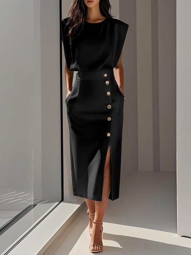 Elisabeth | Ärmelloses Midi Kleid mit Knopfleiste