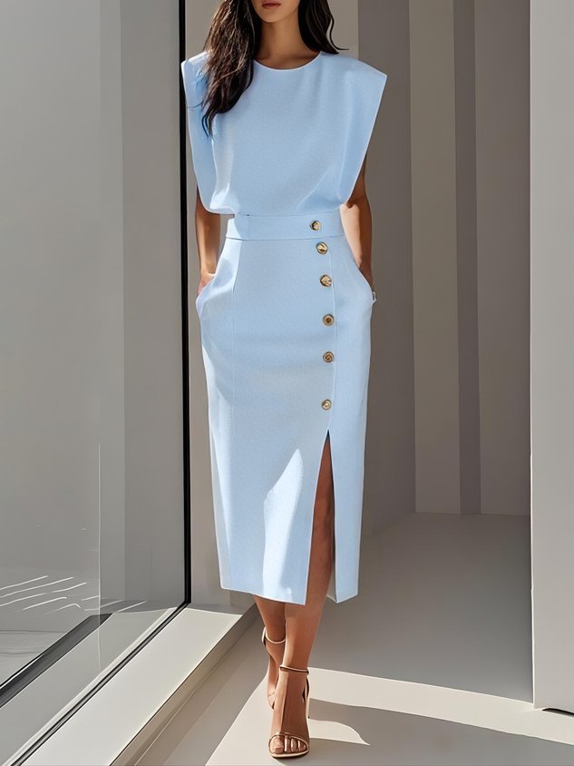 Elisabeth | Ärmelloses Midi Kleid mit Knopfleiste