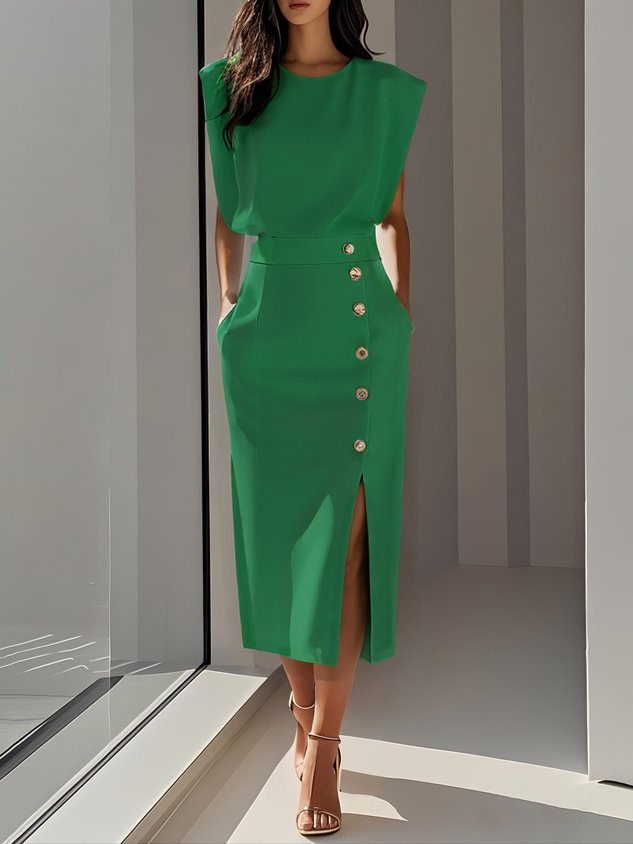 Elisabeth | Ärmelloses Midi Kleid mit Knopfleiste